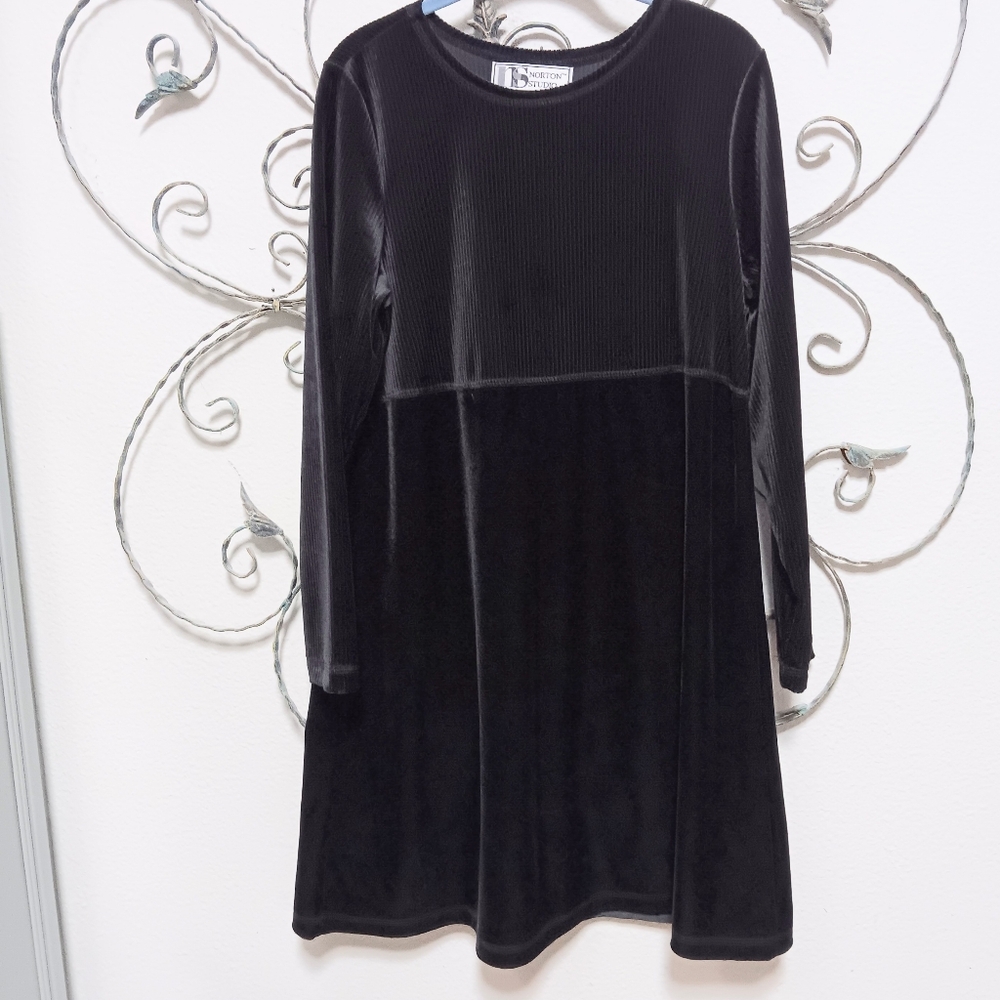NORTON STUDIO black ribbed and smooth velour A-line dress, M